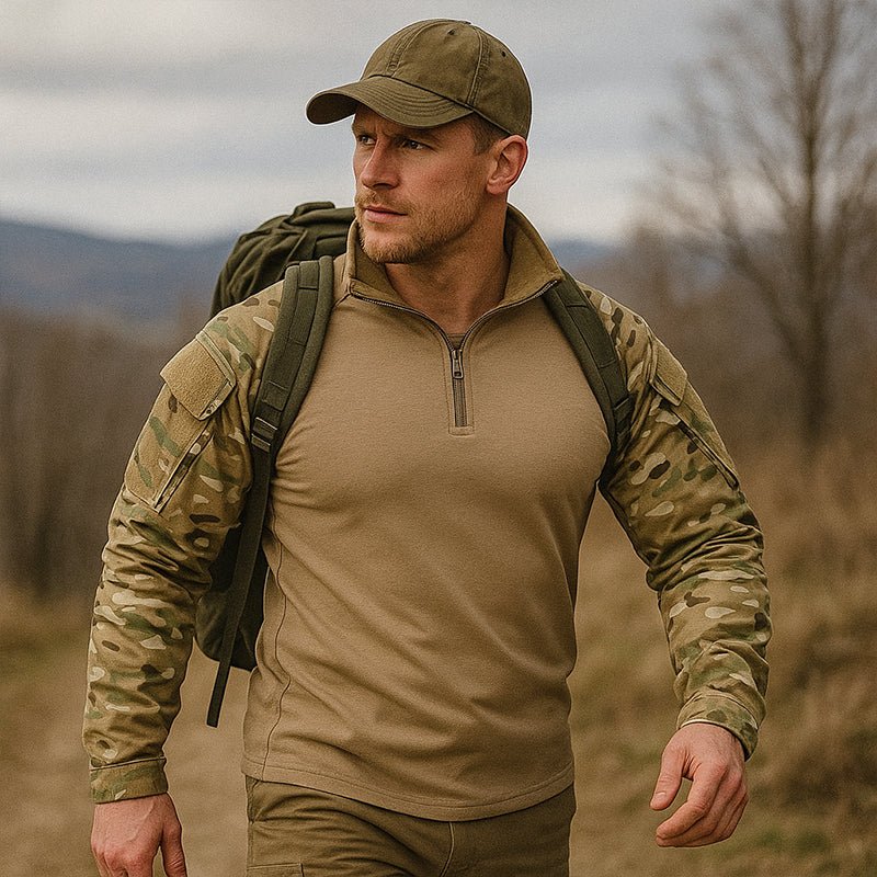 Salvio | Combat Shirt for Men - Camo Long Sleeve Arm Pocket Elbow Pad Rip Stop Tactical Fit-Tactical Top-S-Camoufit