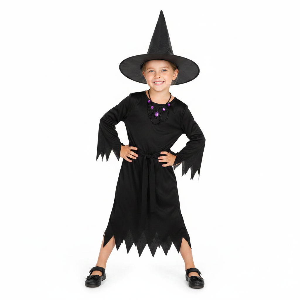 Children's Black Witch Dress Hat and Belt Halloween Costume
