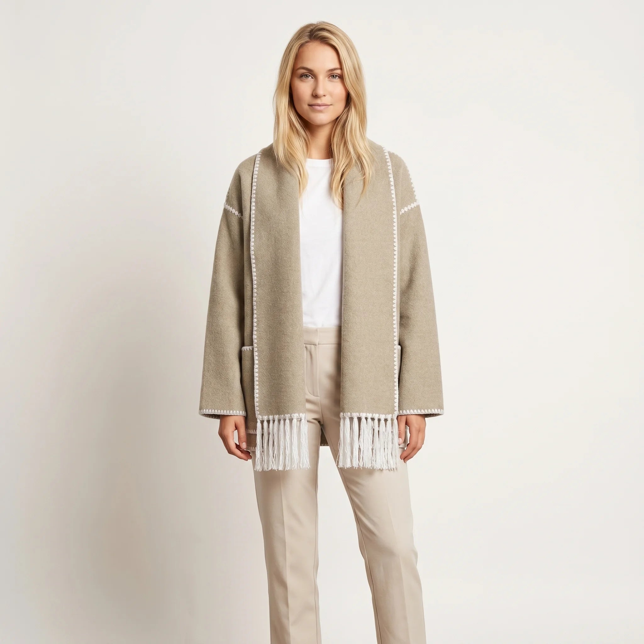 Isla Poppy Fringed Scarf Coat – Cozy Elegant Wrap Fit-Women's Winter Jacket-CAMOUFIT-Beige-S-Camoufit
