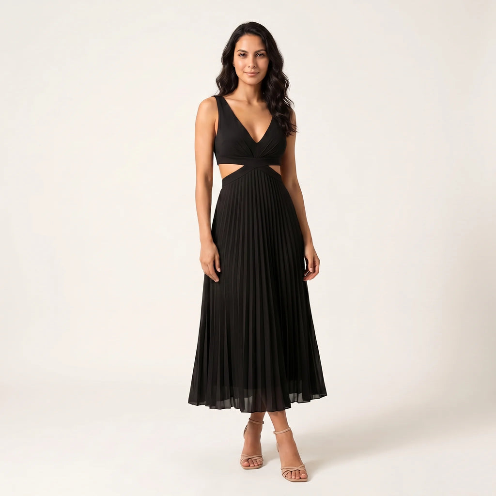 Aveline Pleated Wedding Guest Midi Dress – Elegant Flow Fit-Midi Dresses-Yellow-S-Camoufit