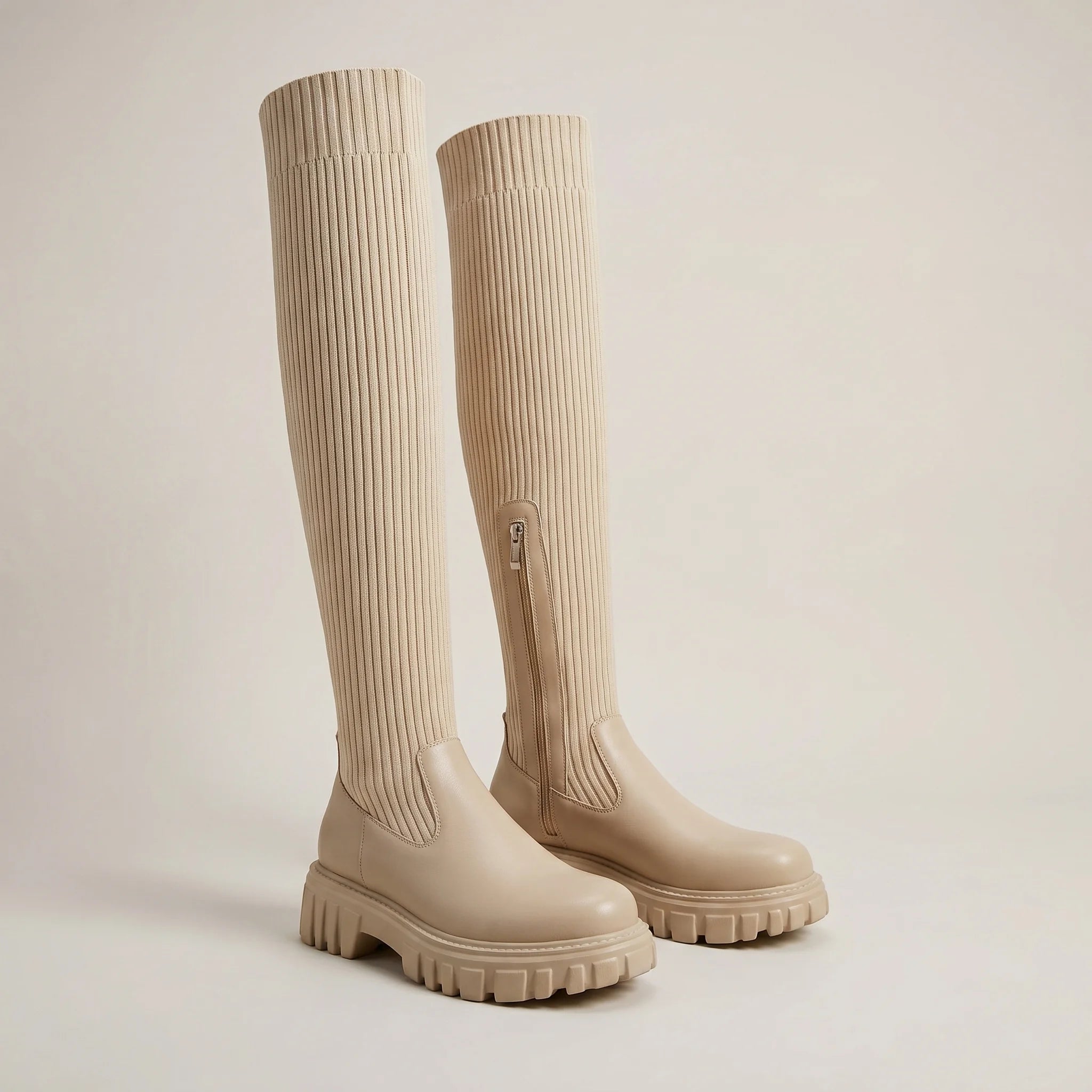 Calyra Women's Knee-High Platform Winter Boots - Slip-On Fit-Women's Knee high Boots-Beige-5-Camoufit