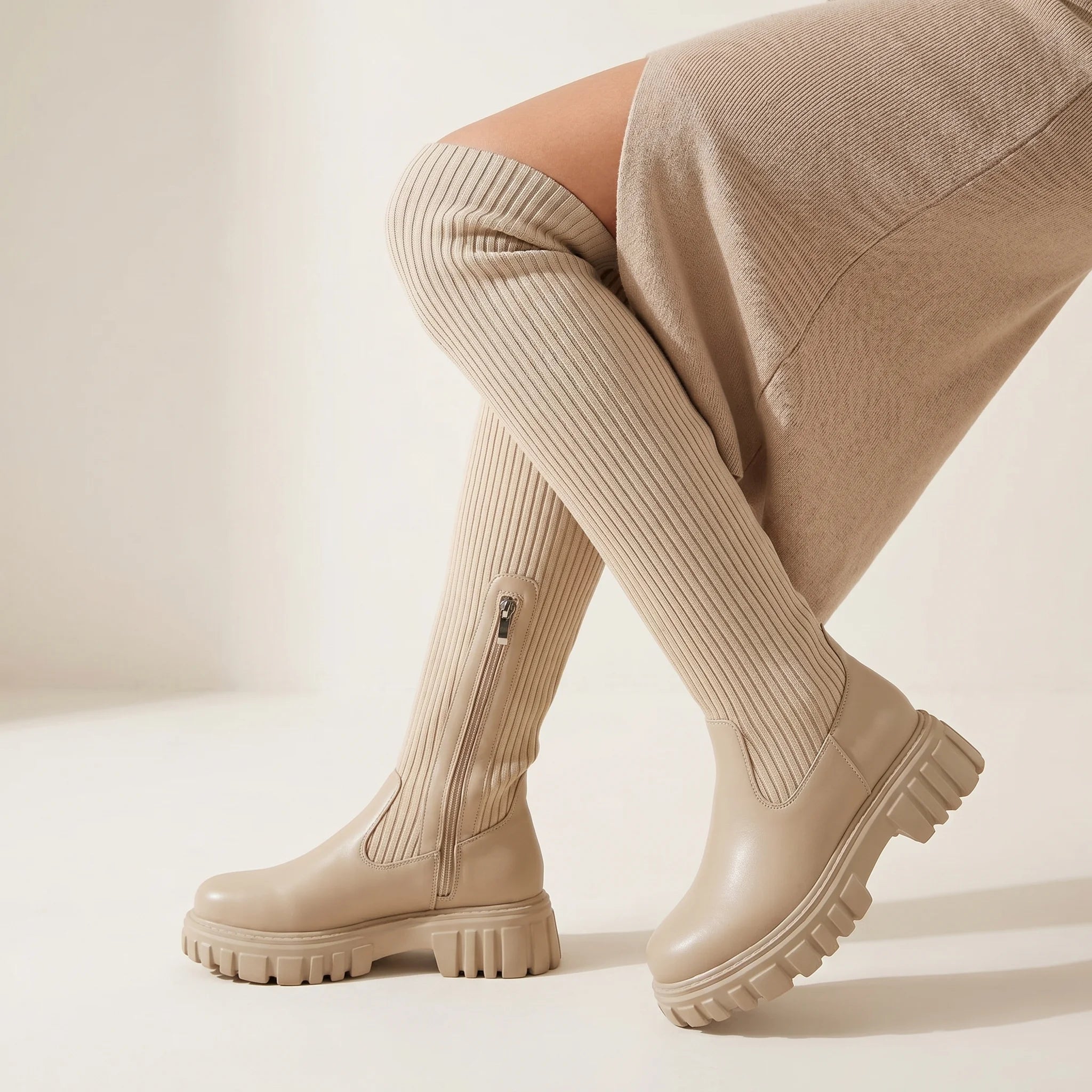 Calyra Women's Knee-High Platform Winter Boots - Slip-On Fit-Women's Knee high Boots-Beige-5-Camoufit