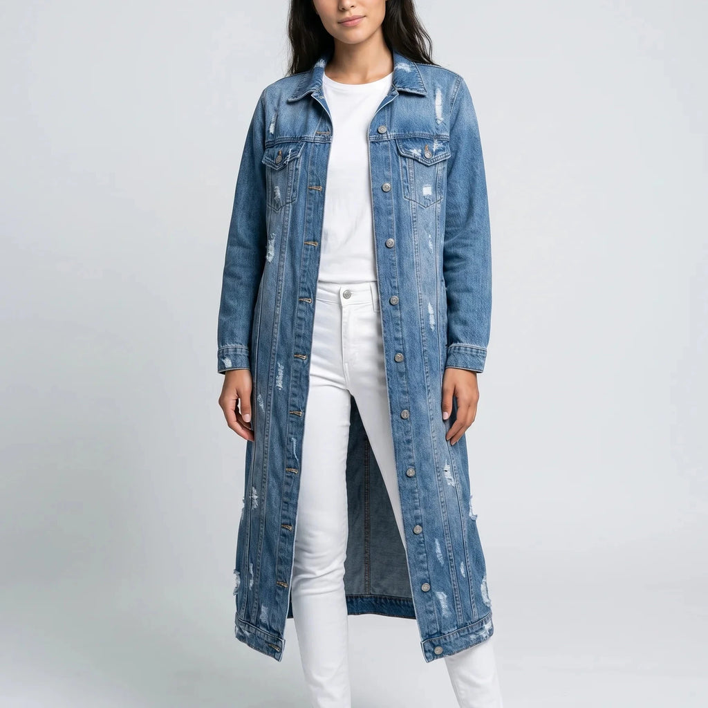 Suzie Long Denim Jacket for Women - Casual Button Coat with Pockets-Women's Denim Jacket-Blue-S-Camoufit