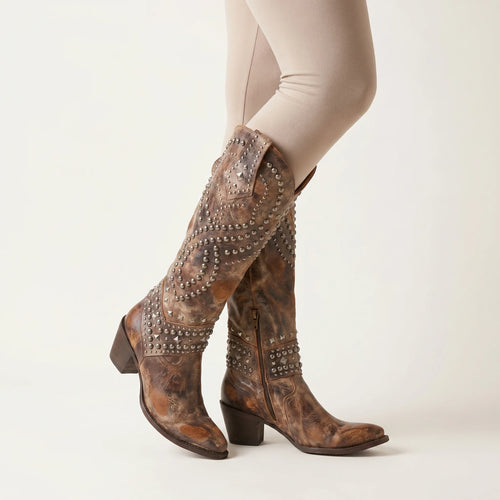 Aléora | Vintage High-Cut Boots for Women – Studded Chunky Heel Fit-Women's Cowboy Boots-Brown-3-Camoufit