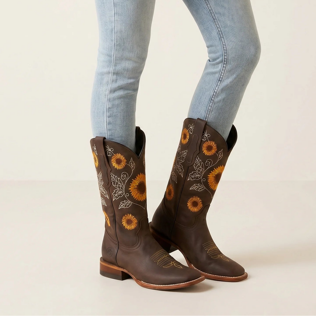 Calyra | Cowgirl Boots for Women – Floral Embroidered Block Heel Fit-Women's Cowboy Boots-Dark Brown-4-Camoufit