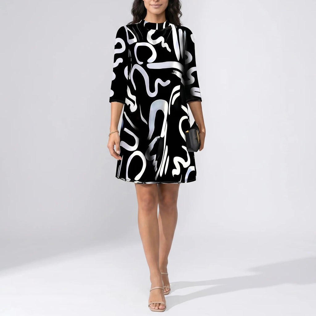 Alanna Women's Mini Dress - Round Neck 3/4 Sleeve Summer Style-Floral Printed Dress-Black-XS-Camoufit