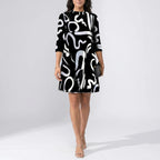 Alanna Women's Mini Dress - Round Neck 3/4 Sleeve Summer Style-Floral Printed Dress-Black-XS-Camoufit