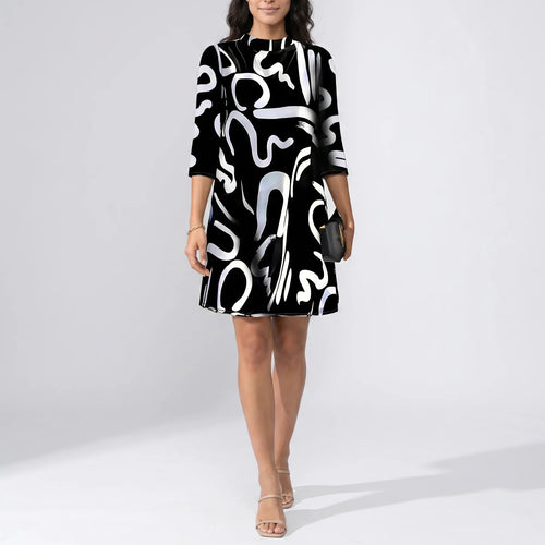 Alanna Women's Mini Dress - Round Neck 3/4 Sleeve Summer Style-Floral Printed Dress-Black-XS-Camoufit