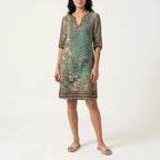 Edda Women's Midi Dress - Floral V-Neck Short Sleeve Summer Style-Floral Printed Dress-Green-XS-Camoufit