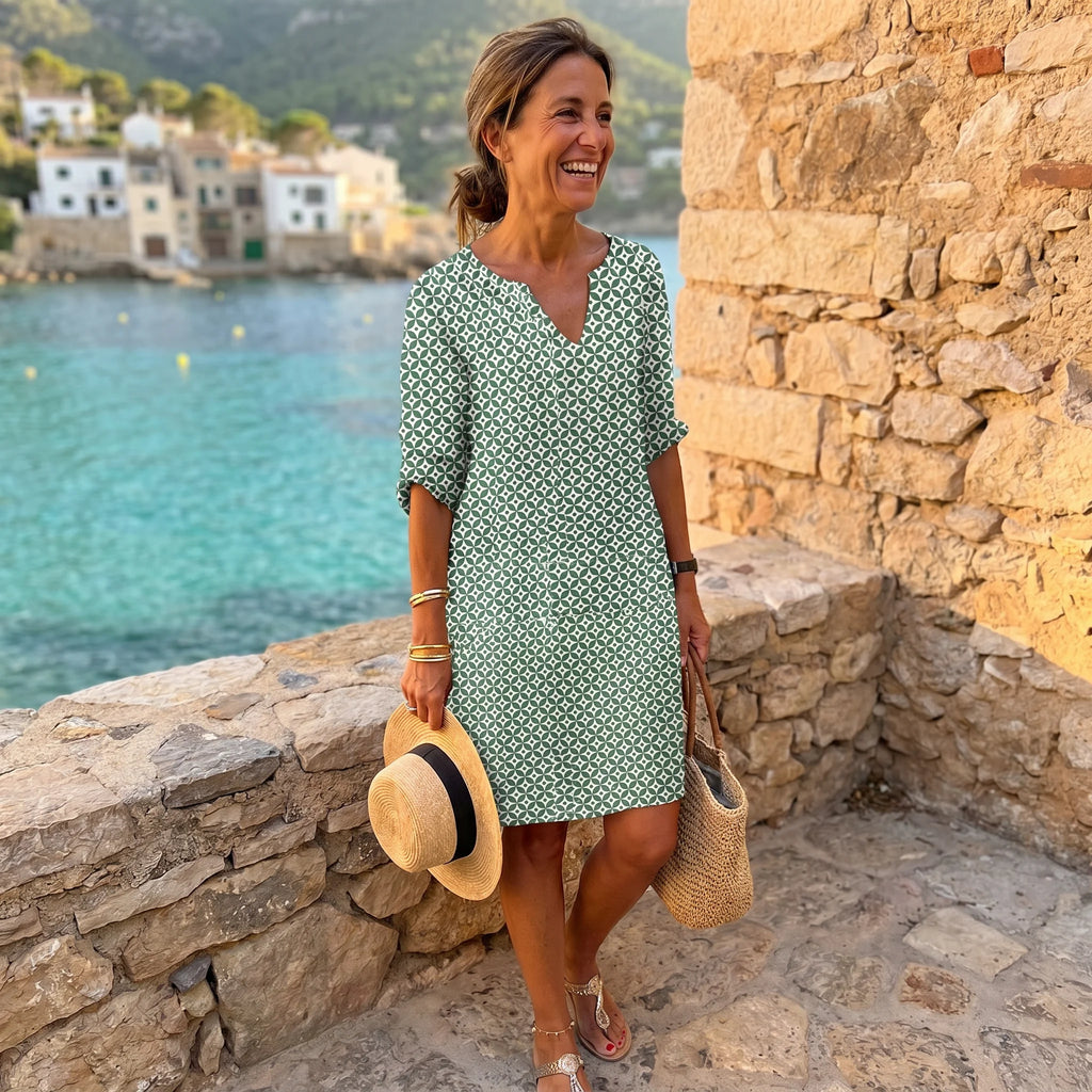 Gerda Women's Mini Dress - Vintage Split Neck 3/4 Sleeve Summer Style-Floral Printed Dress-Green-XS-Camoufit
