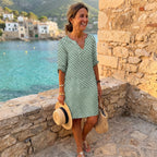 Gerda Women's Mini Dress - Vintage Split Neck 3/4 Sleeve Summer Style-Floral Printed Dress-Green-XS-Camoufit