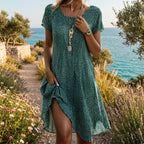 Else Women's Mini Dress - Green Summer Round Neck Short Sleeve-Floral Printed Dress-Green-S-Camoufit