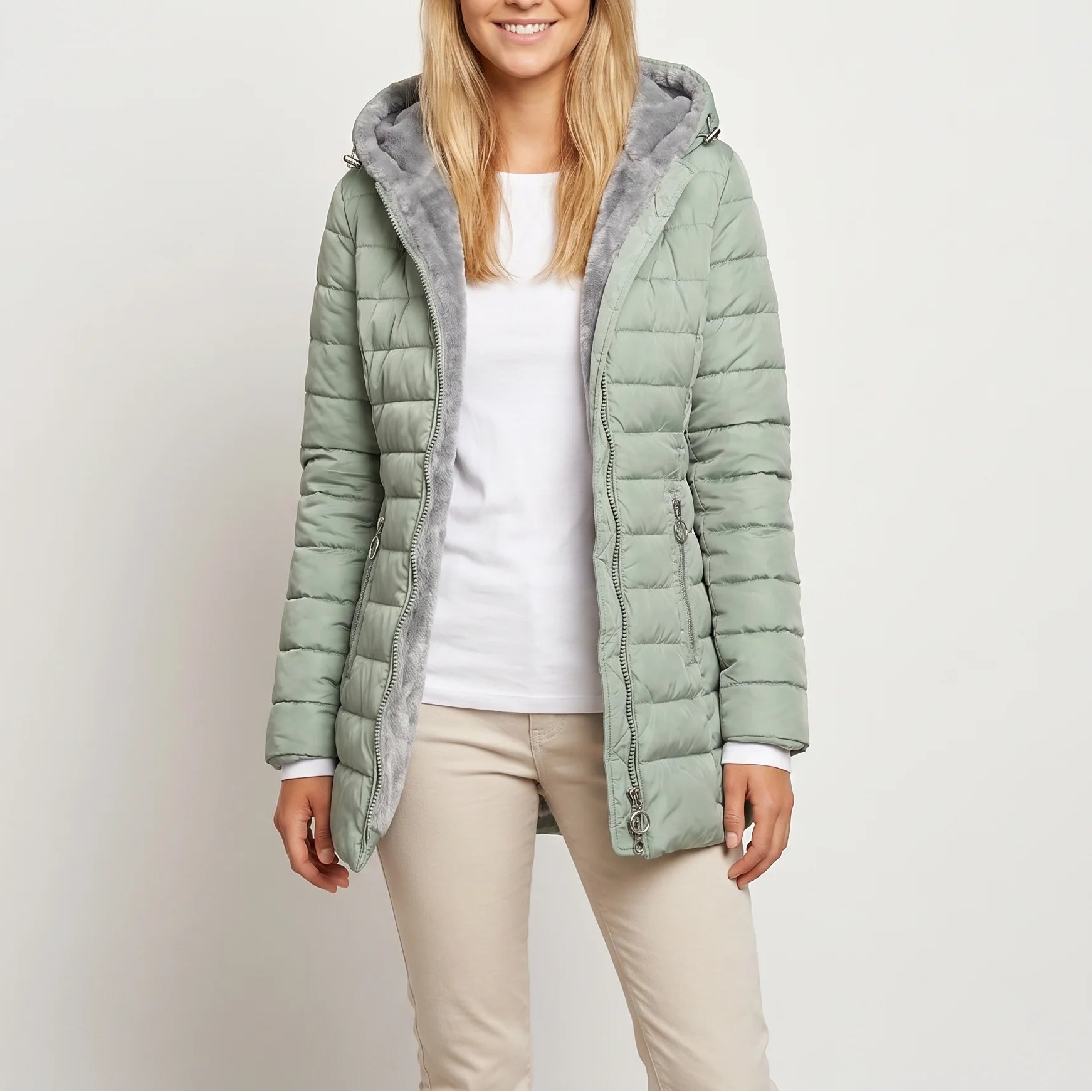 Chloe Asymmetrical Puffer Coat - Hooded Warm Adjustable Fit-Puffer Jackets-Light green-S-Camoufit