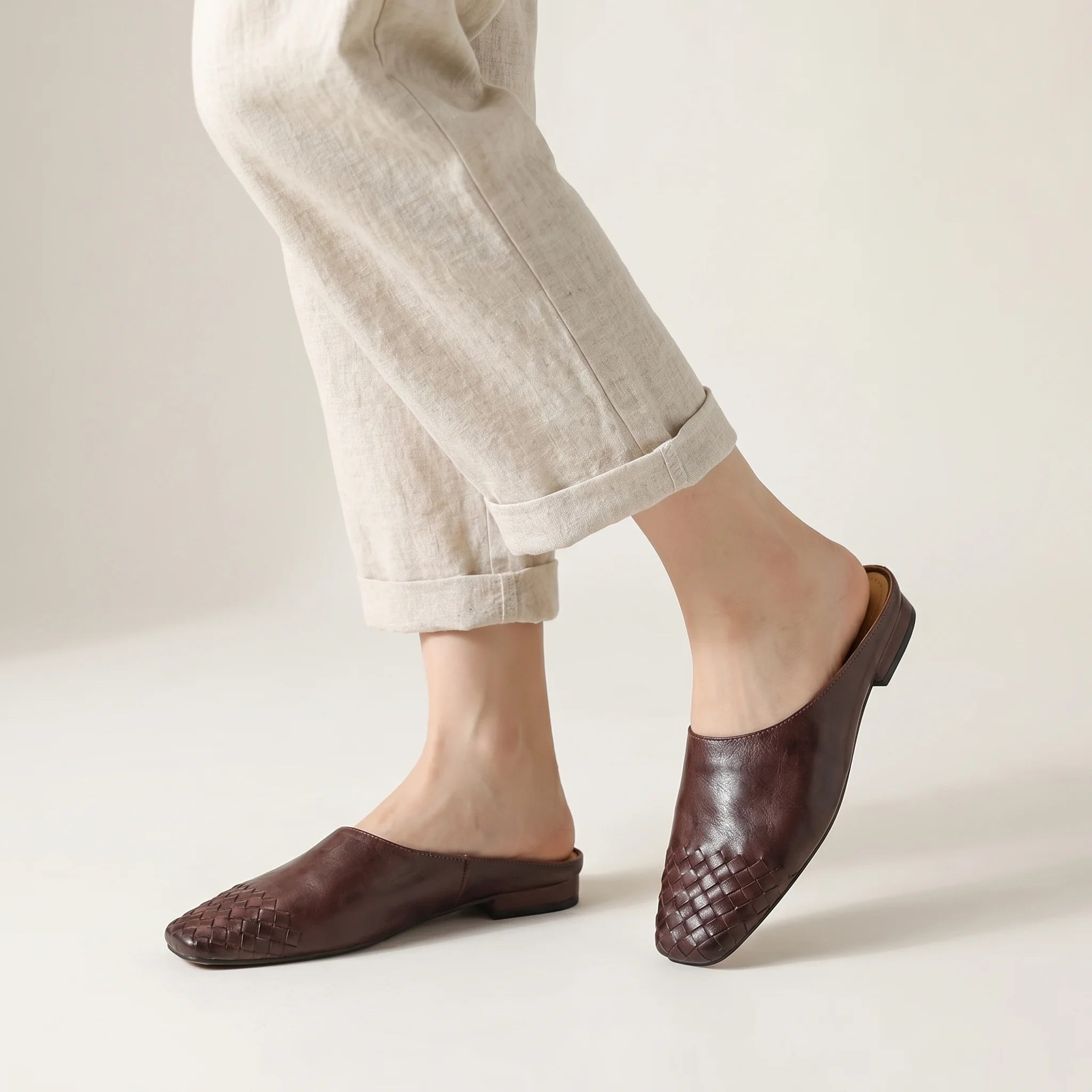 Women's Mules Leather Woven Slip-On Shoes 0