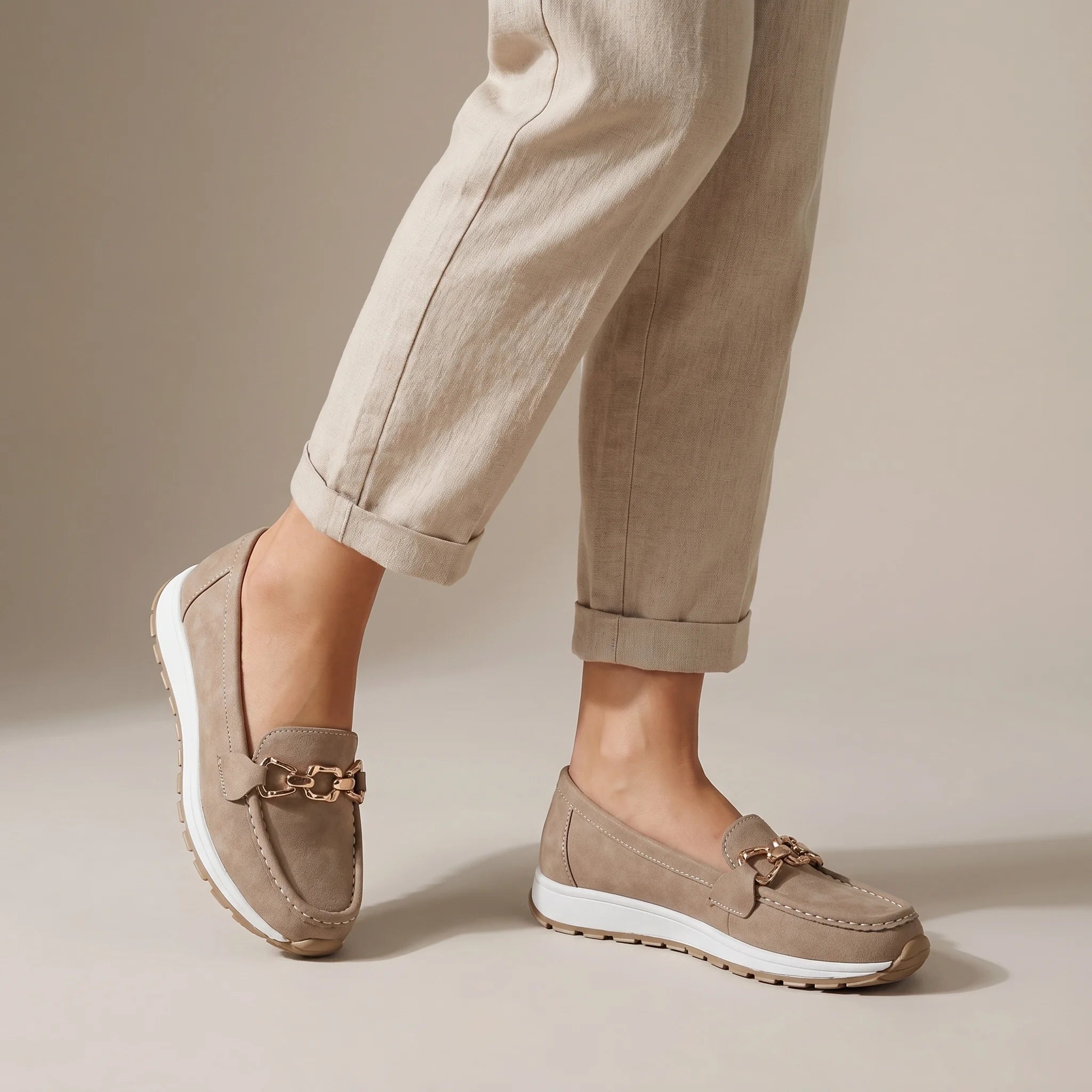 Avelia | Chain Detail Loafers Women Slip-On Comfort Fit-Women's Loafers-Khaki-4-Camoufit