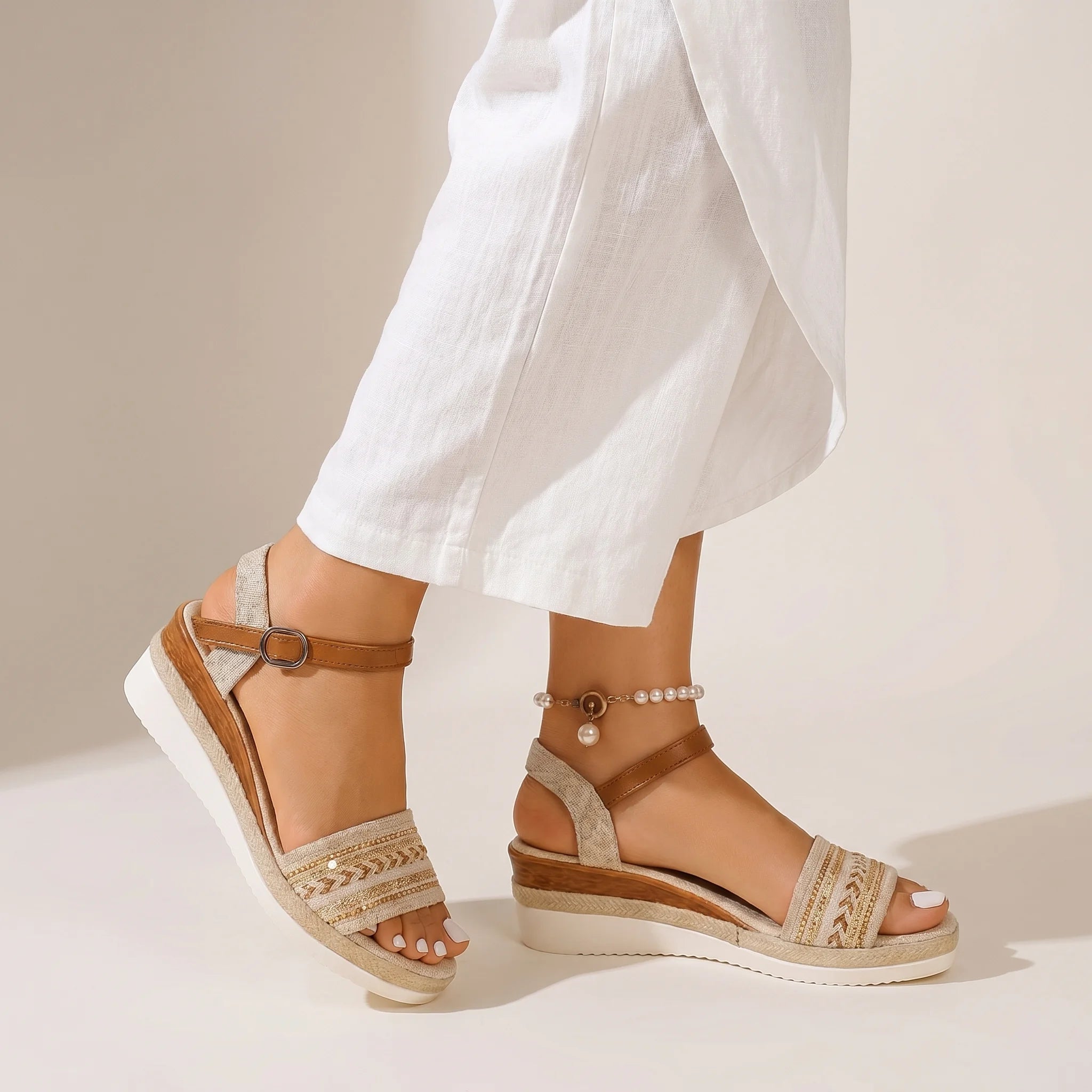 Ilse | Boho Wedge Sandals Women Adjustable Strap Comfort Fit-Women's Sandals-Beige-5-Camoufit