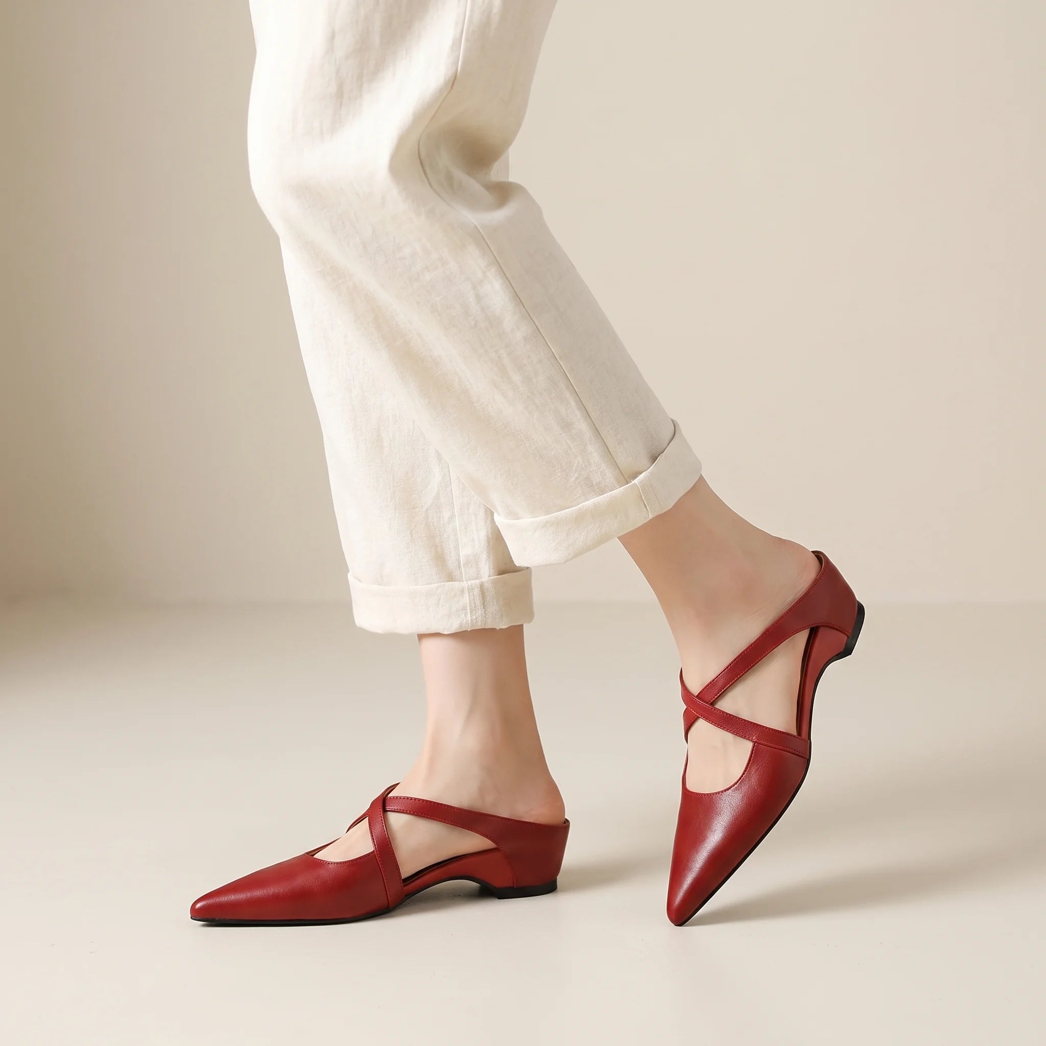Orelia | Women's Genuine Leather Pointed Toe Mules – Cross Strap Elegant Fit-Women's Flats-Maroon-4-
