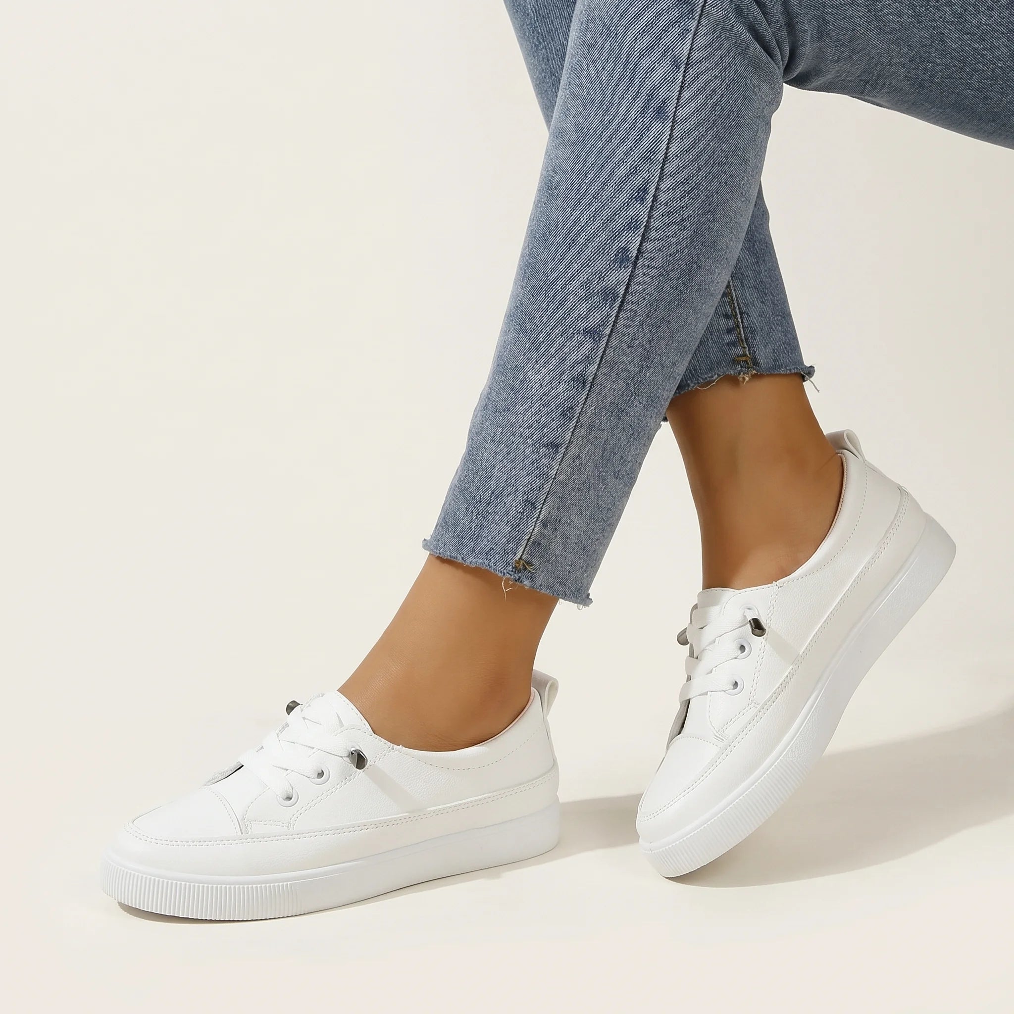 Elira | Women's Casual Lace Up Sneakers – Round Toe Flat Comfort Fit-Women's Sneakers-White-4-