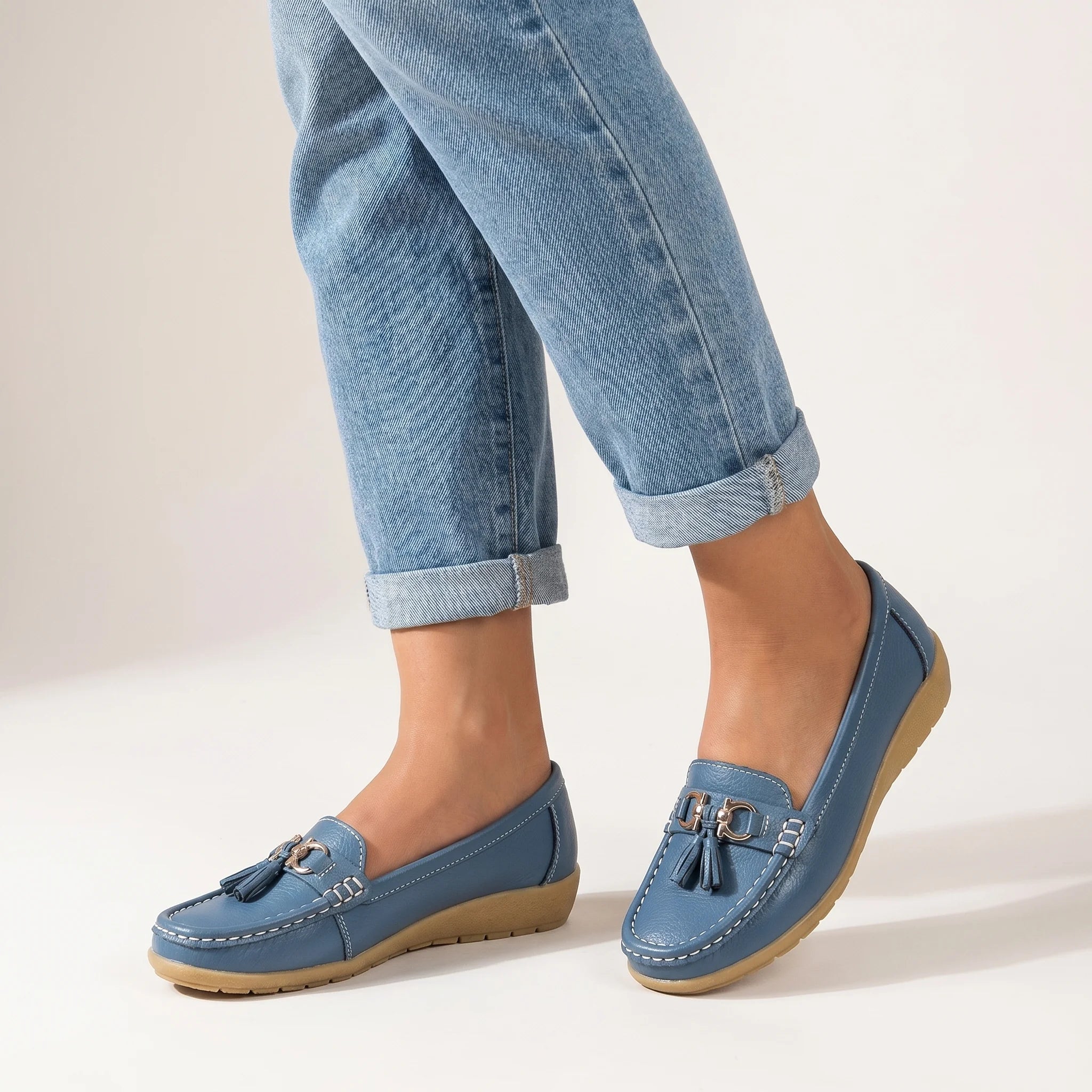 Orelia | Women's Leather Moccasins – Orthopedic Support Flexible Fit-Women's Loafers-Light Blue-4-