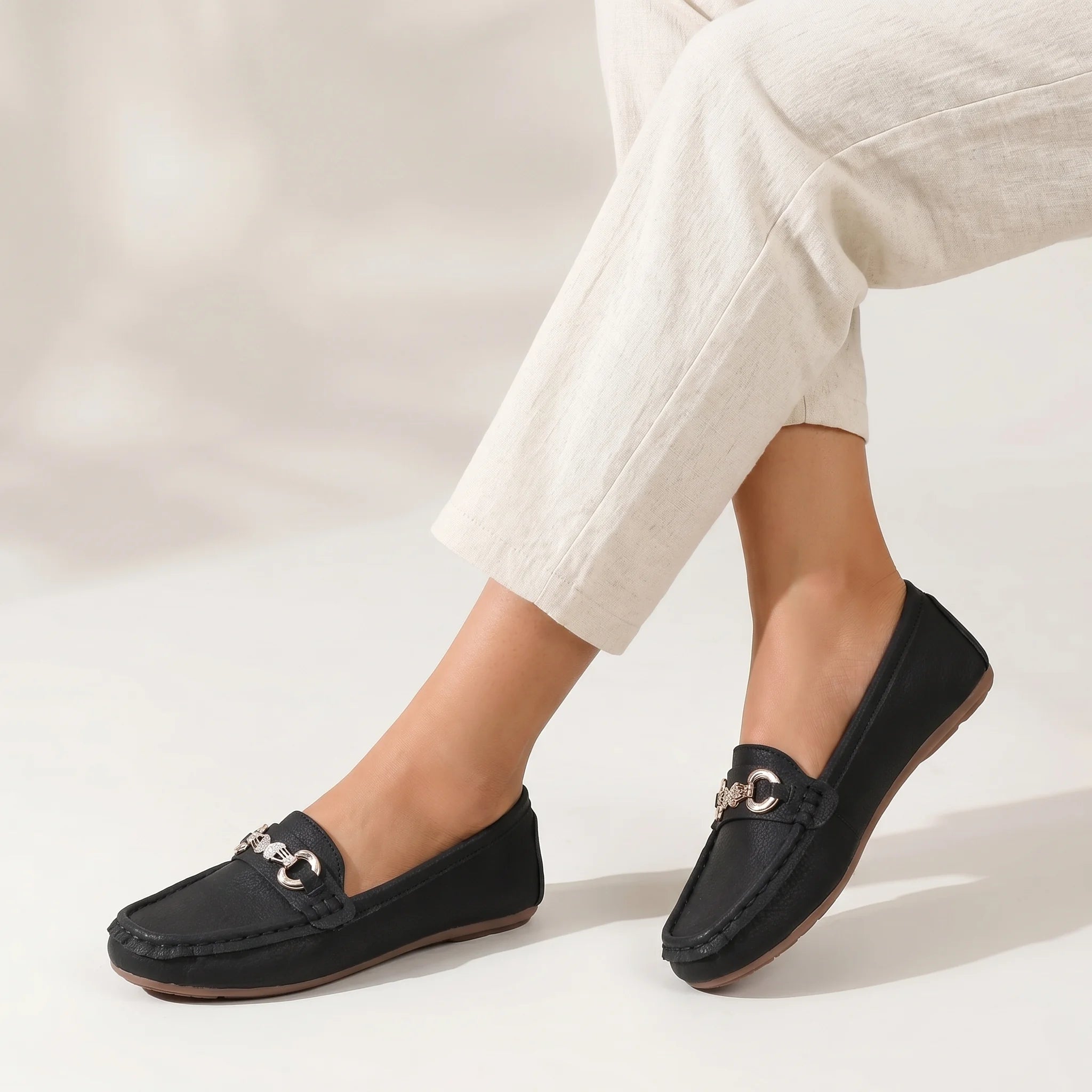 Zarelle | Women's Chain Detail Loafers – Crystal Slip On Elegant Fit-Women's Loafers-Black-4-