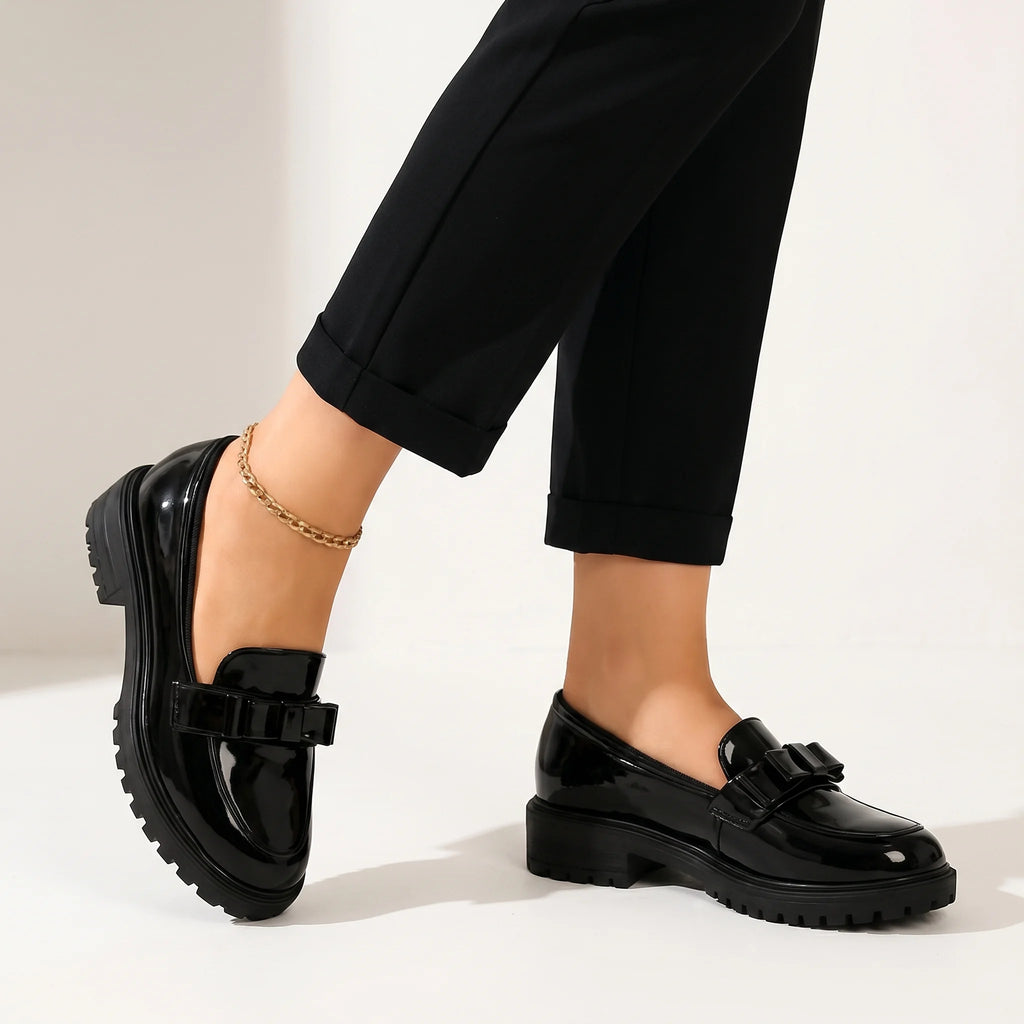 Rosavie | Women's Block Heel Loafers – Bow Detail Summer Comfort Fit-Women's Loafers-Black-5-