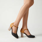 Caliora | Women's T Strap Block Heels – Vintage Elegant Comfort Fit-Women's Heeled Sandals-Black-3-