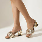 Rosélune | Women's Metallic Heels – Rose Detail Block Heel Fit