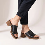 Aloura | Women's Leather Sandals – Open Back Block Heel Comfort Fit