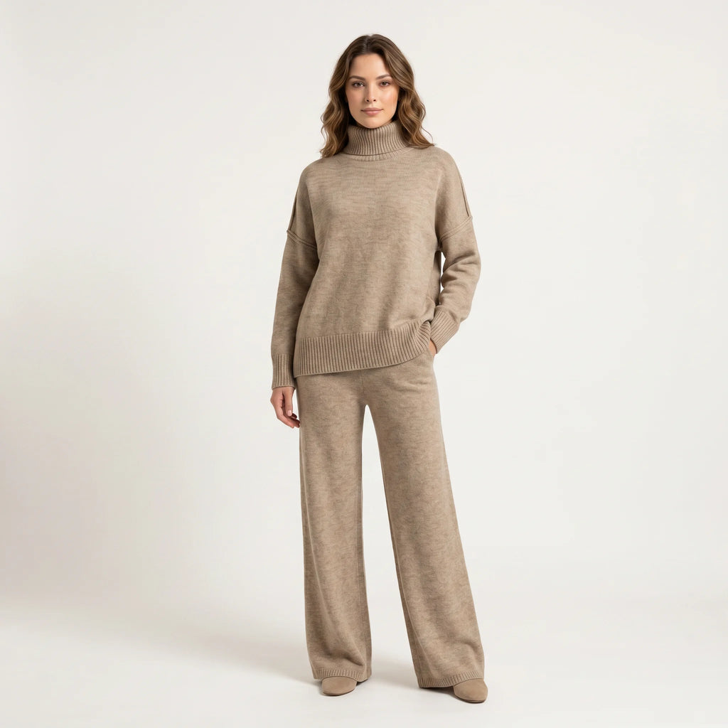 Women's Knit Turtleneck Lounge Set – Soft Wide Leg Relaxed Fit