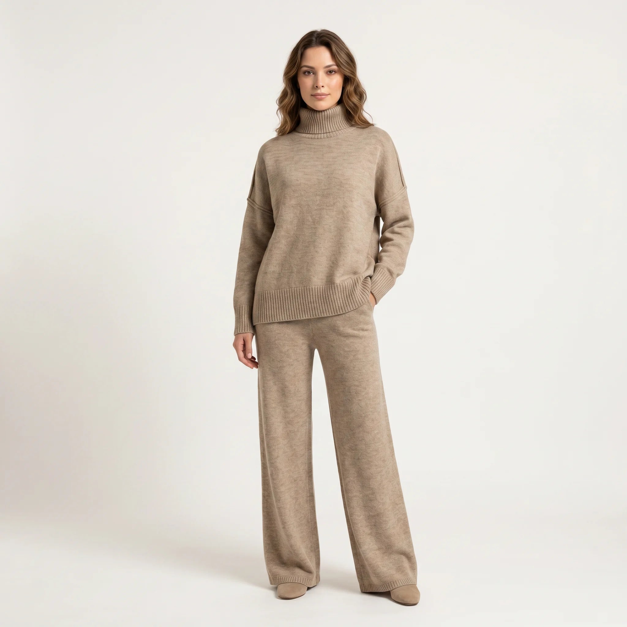 Women's Knit Turtleneck Lounge Set – Soft Wide Leg Relaxed Fit
