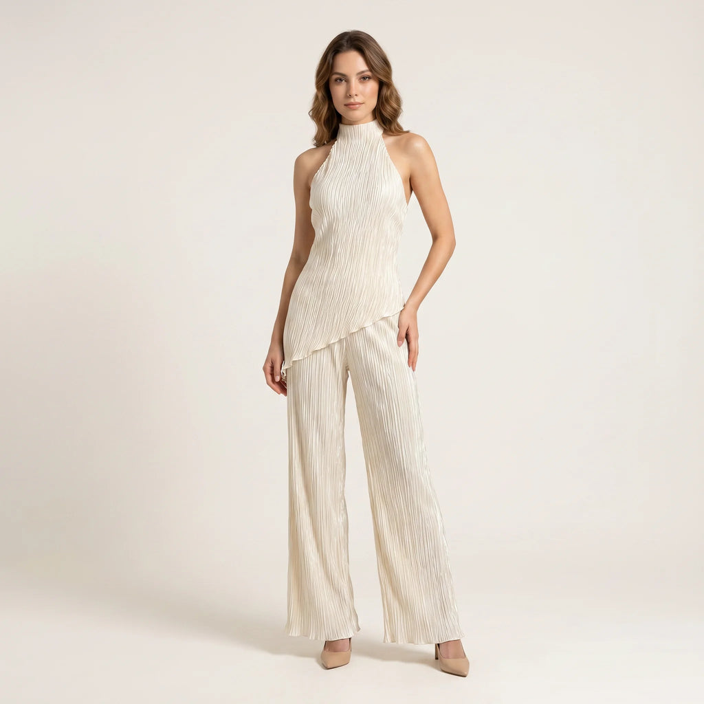 Women's Pleated Two Piece Set – Halter Wide Leg Elegant Fit