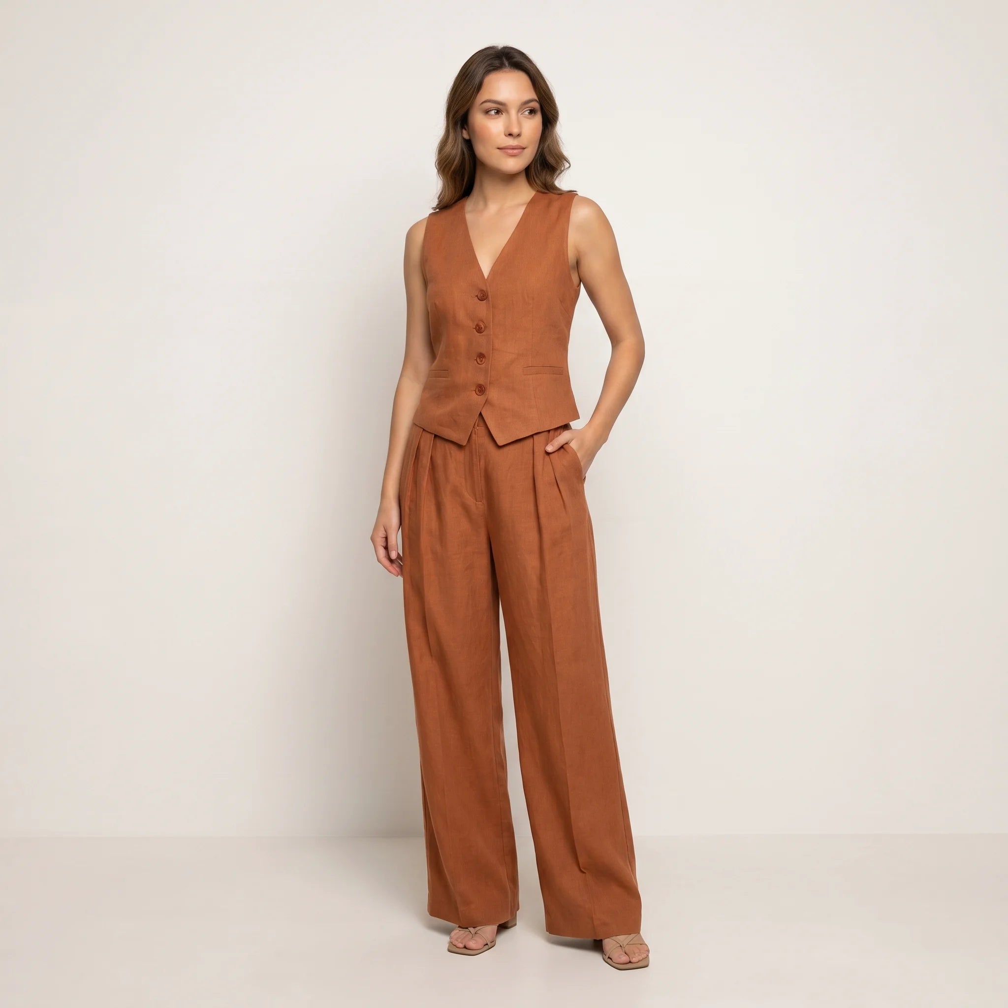 Women's Cotton Linen Two Piece Set – Waistcoat Wide Leg Relaxed Fit