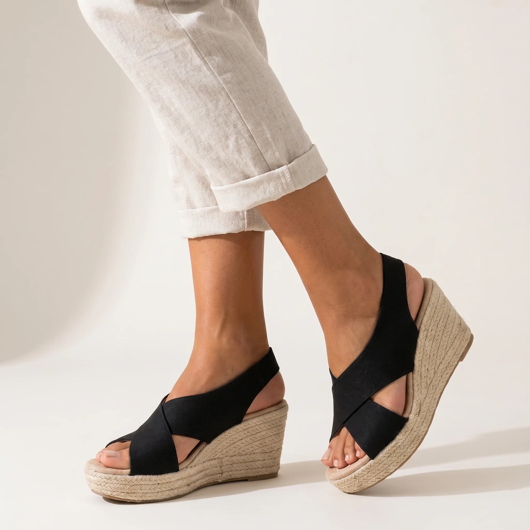 Women's Comfortable Wedge Heel Espadrilles with Arch Support Cushioned Footbed Summer Shoes-Women's Heeled Sandals-Black-4-