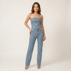 Women's Glittering Trouser Set with High-Waist Jeans and Shimmering Top for Parties Events-Women's Two Piece Sets-Black-S-