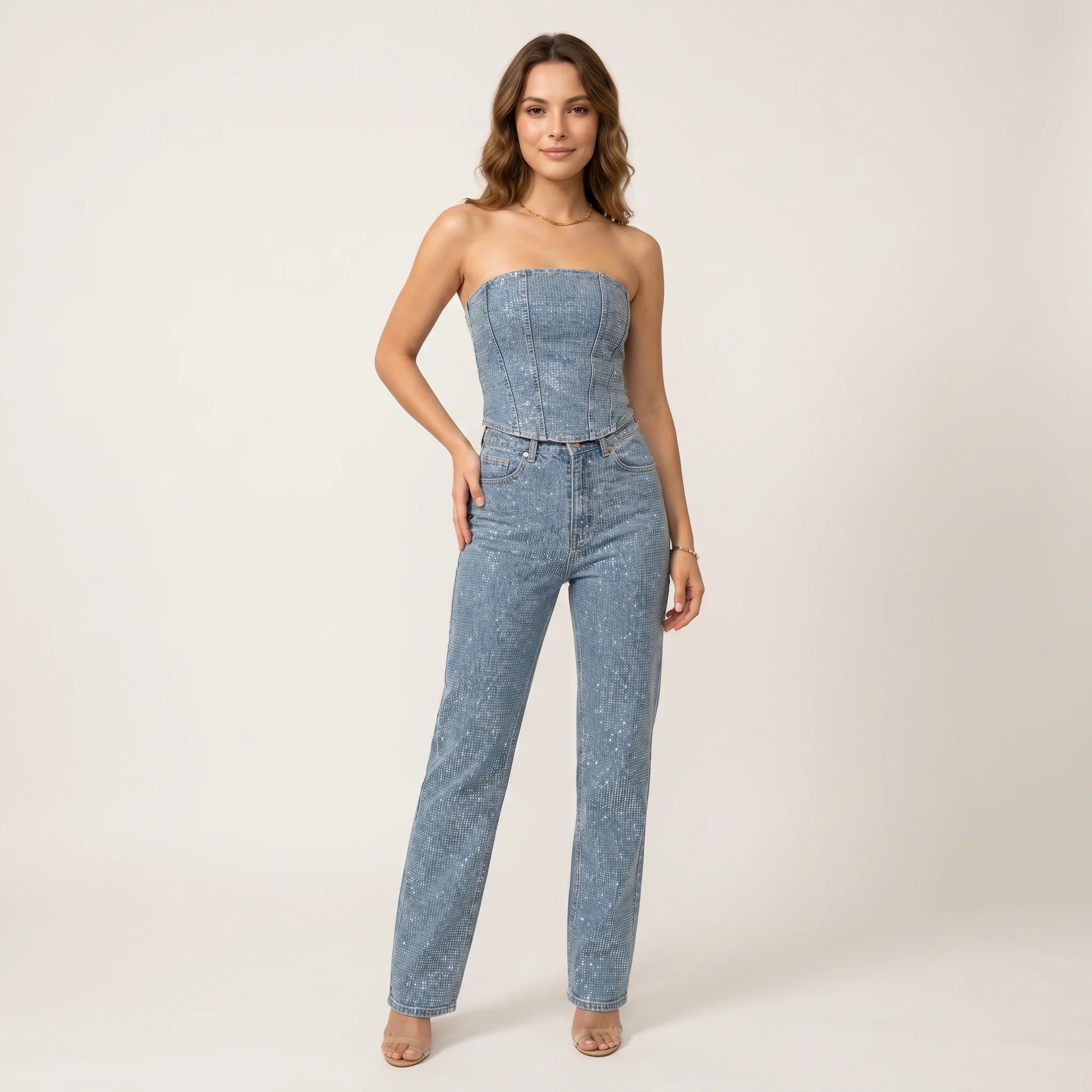 Women's Glittering Trouser Set with High-Waist Jeans and Shimmering Top for Parties Events-Women's Two Piece Sets-Black-S-