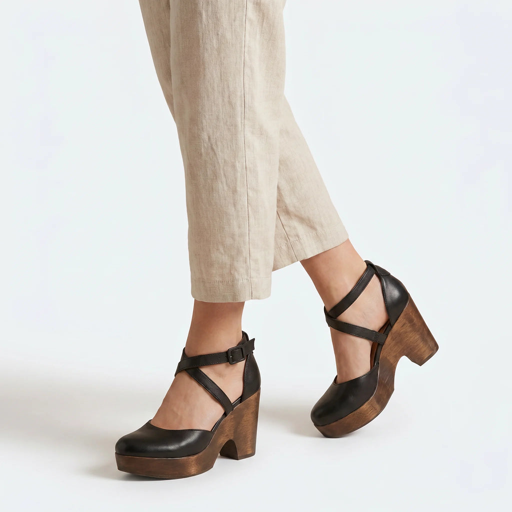 Women's Closed-Toe Platform Wedges with Wood Heel Criss-Cross Ankle Straps Summer Sandals-Women's Heels-Black-4-
