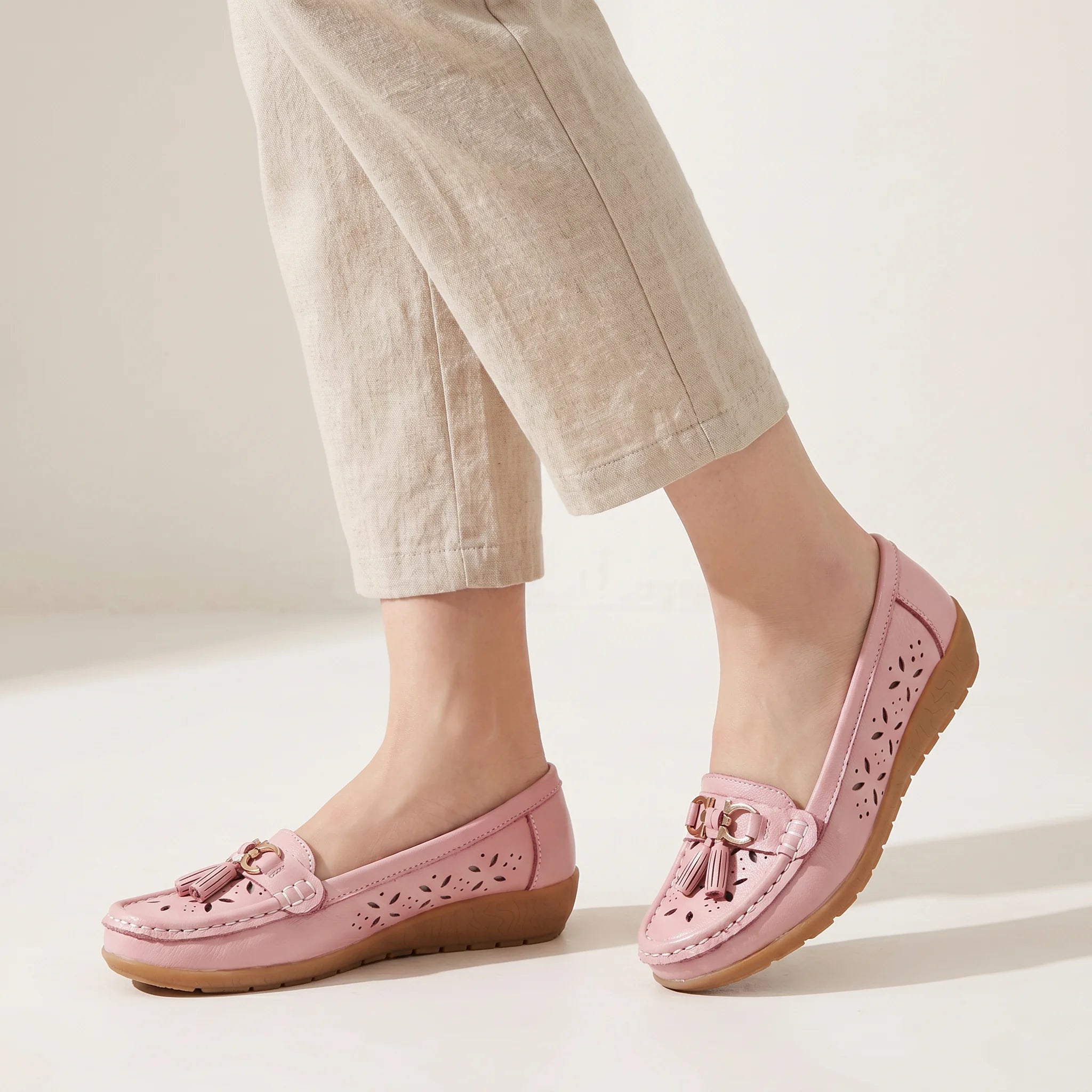 Women's Slip-On Loafers Moccasins with Tassel Detail Hollow Out Casual Wedge Flats-Women's Flats-White-3-