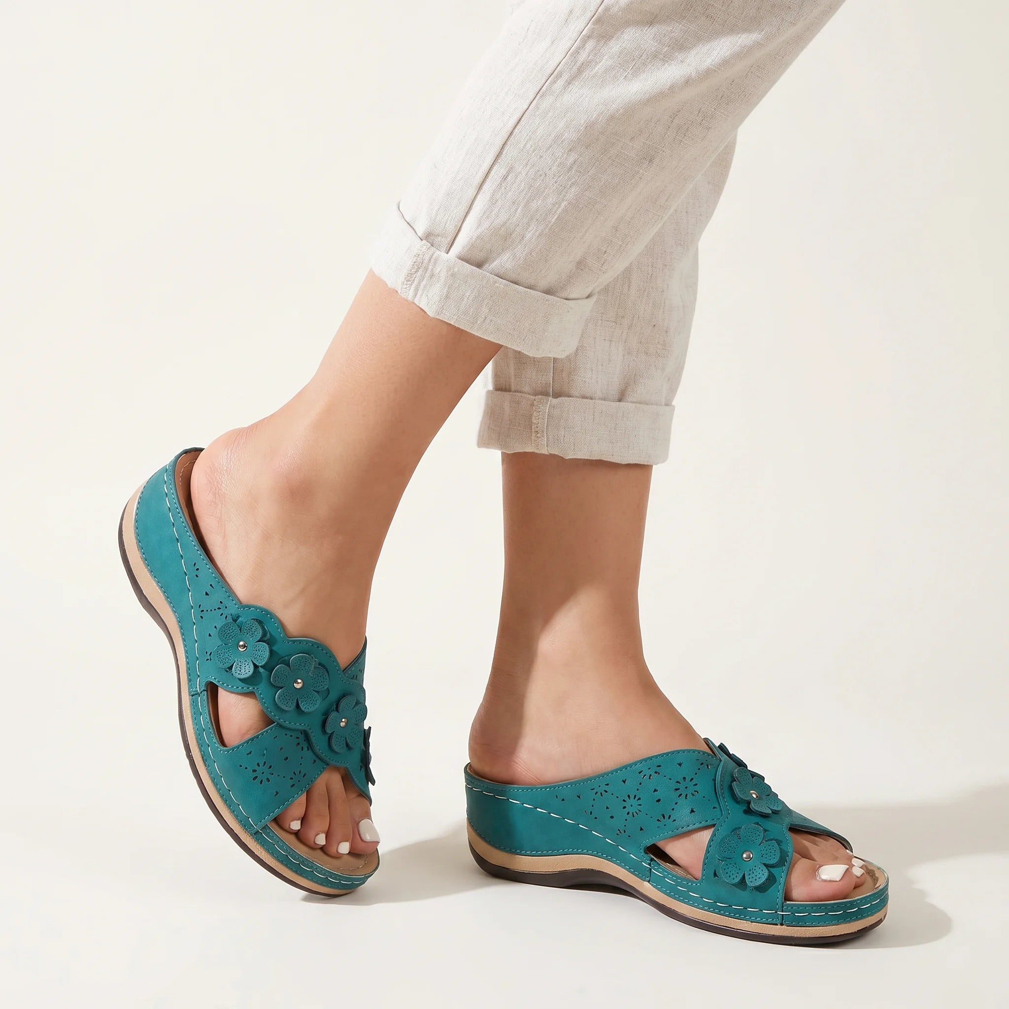 Women's Slip-On Wedge Sandals with Flower Decor Open Toe Hollow Out Summer Beach Slides-Women's Sandals-Green-4-