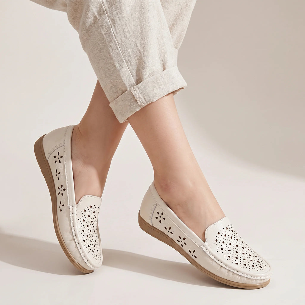 Women's Slip-On Loafers Flats with Round Toe Hollow Out Non-Slip Soft Sole Breathable Shoes-Women's Flats-White-4-