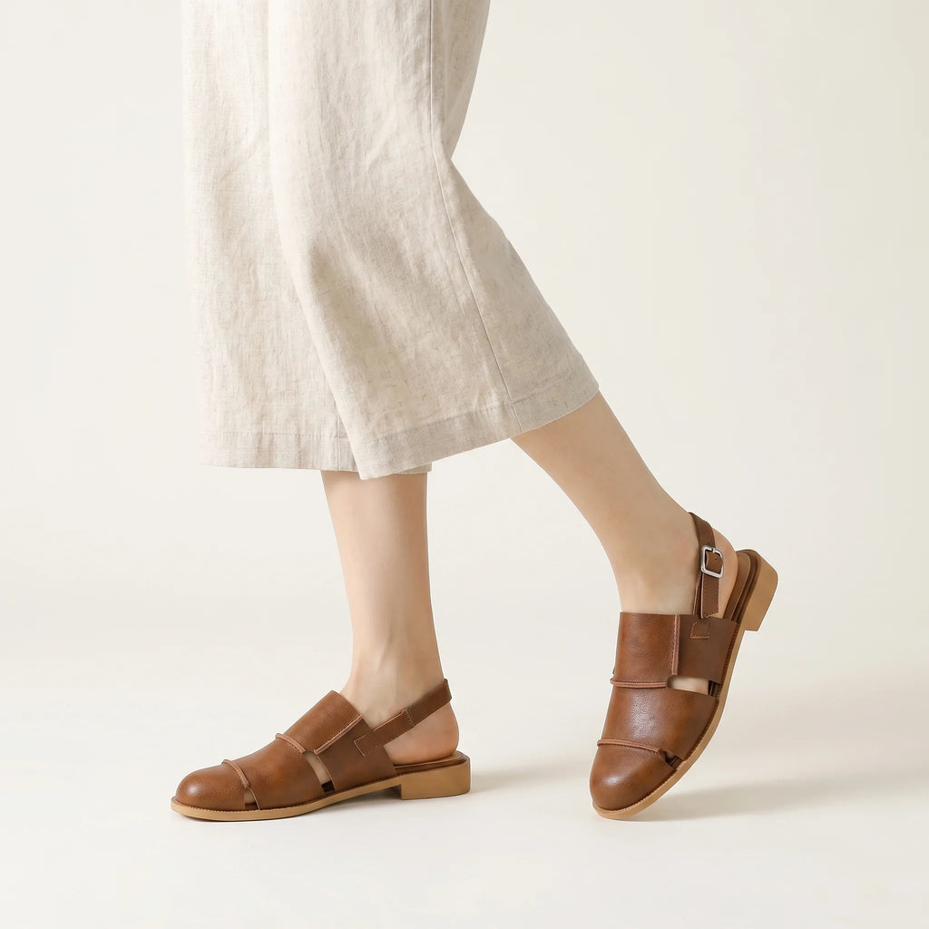 Women's Slingback Sandals with Buckle Strap Low Flat Heel Casual Everyday Shoes-Women's Sandals-Brown-4-