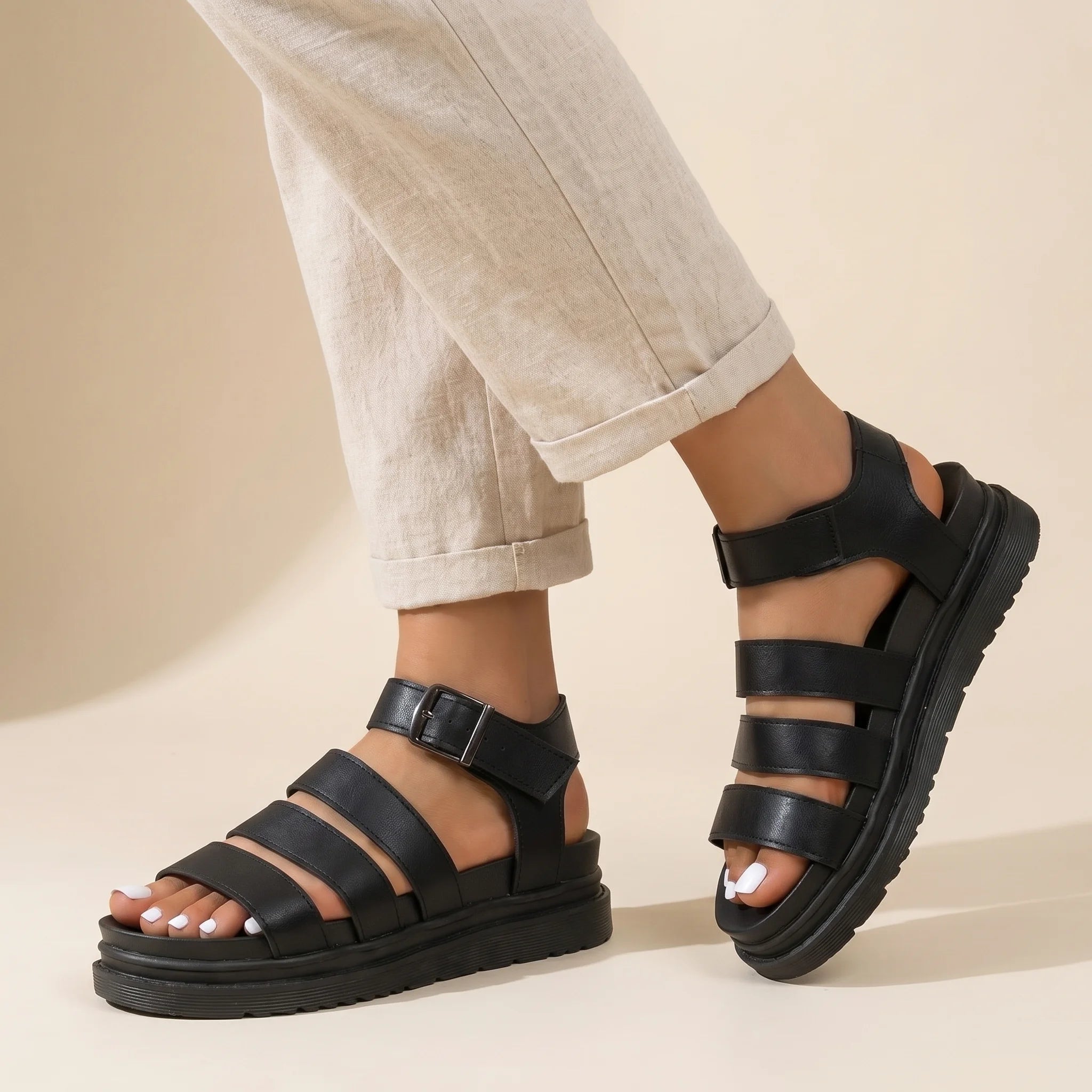 Women's Chunky Platform Gladiator Sandals with Strappy Upper Buckle Ankle Strap Summer Shoes-Women's Sandals-Black-4-
