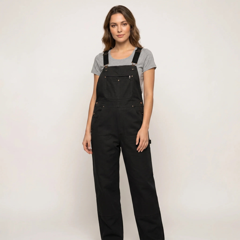 Fiora | Women's Duck Bib Overalls Cotton Workwear Dungarees with Adjustable Suspenders Straight Leg-Jumpsuits & Overalls-Black-S-