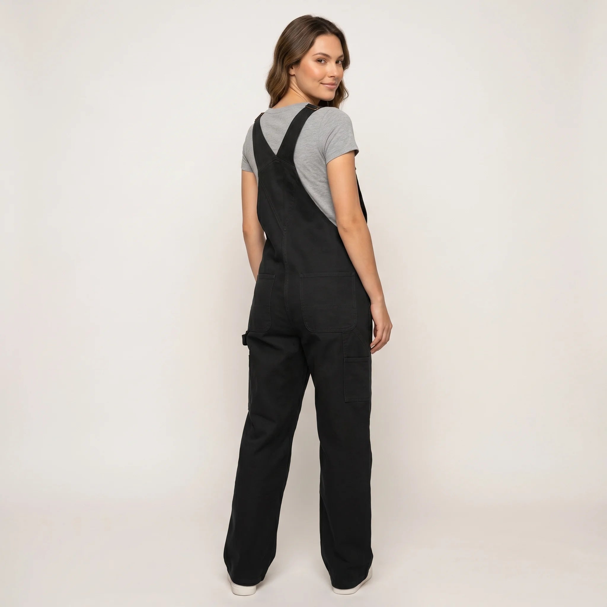 Fiora | Women's Duck Bib Overalls Cotton Workwear Dungarees with Adjustable Suspenders Straight Leg-Jumpsuits & Overalls-Black-S-