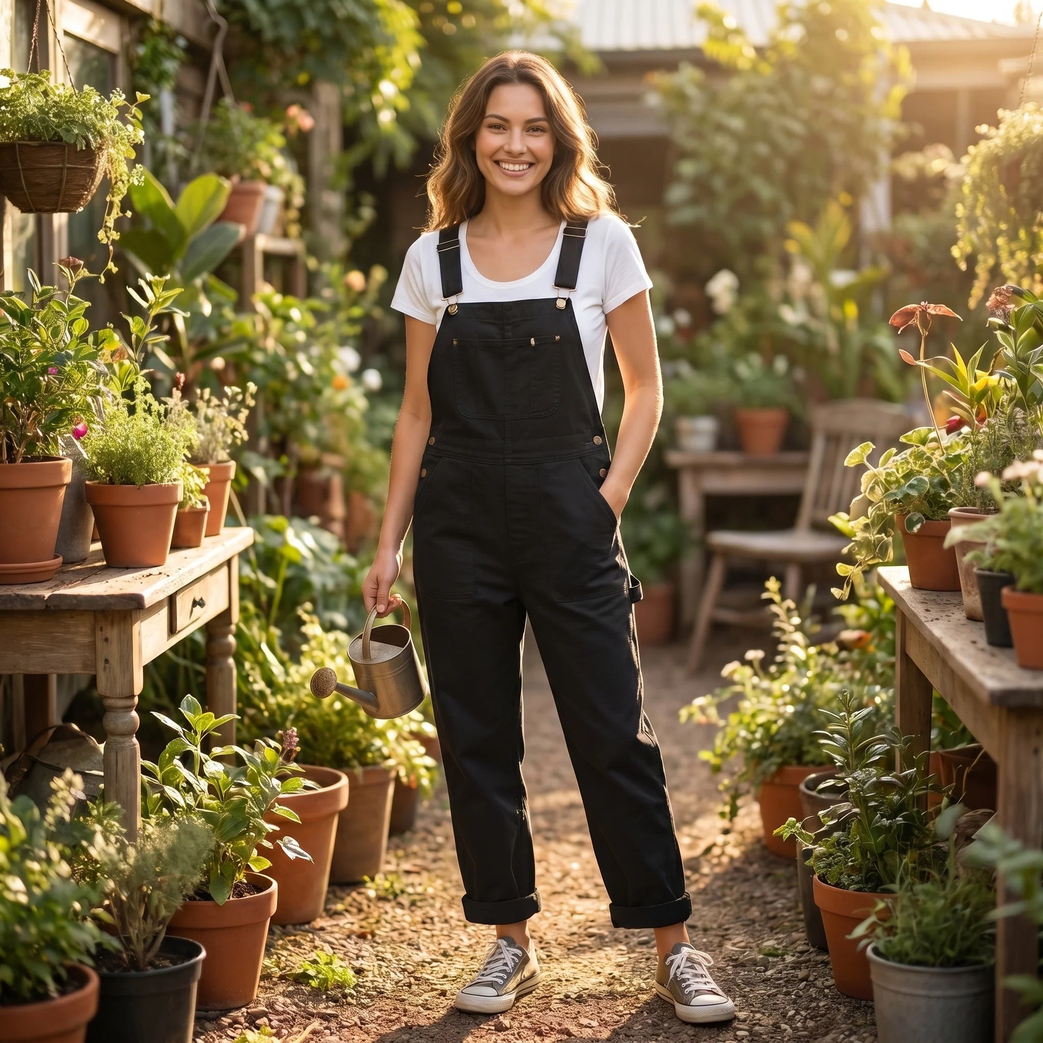 Fiora | Women's Duck Bib Overalls Cotton Workwear Dungarees with Adjustable Suspenders Straight Leg-Jumpsuits & Overalls-Black-S-