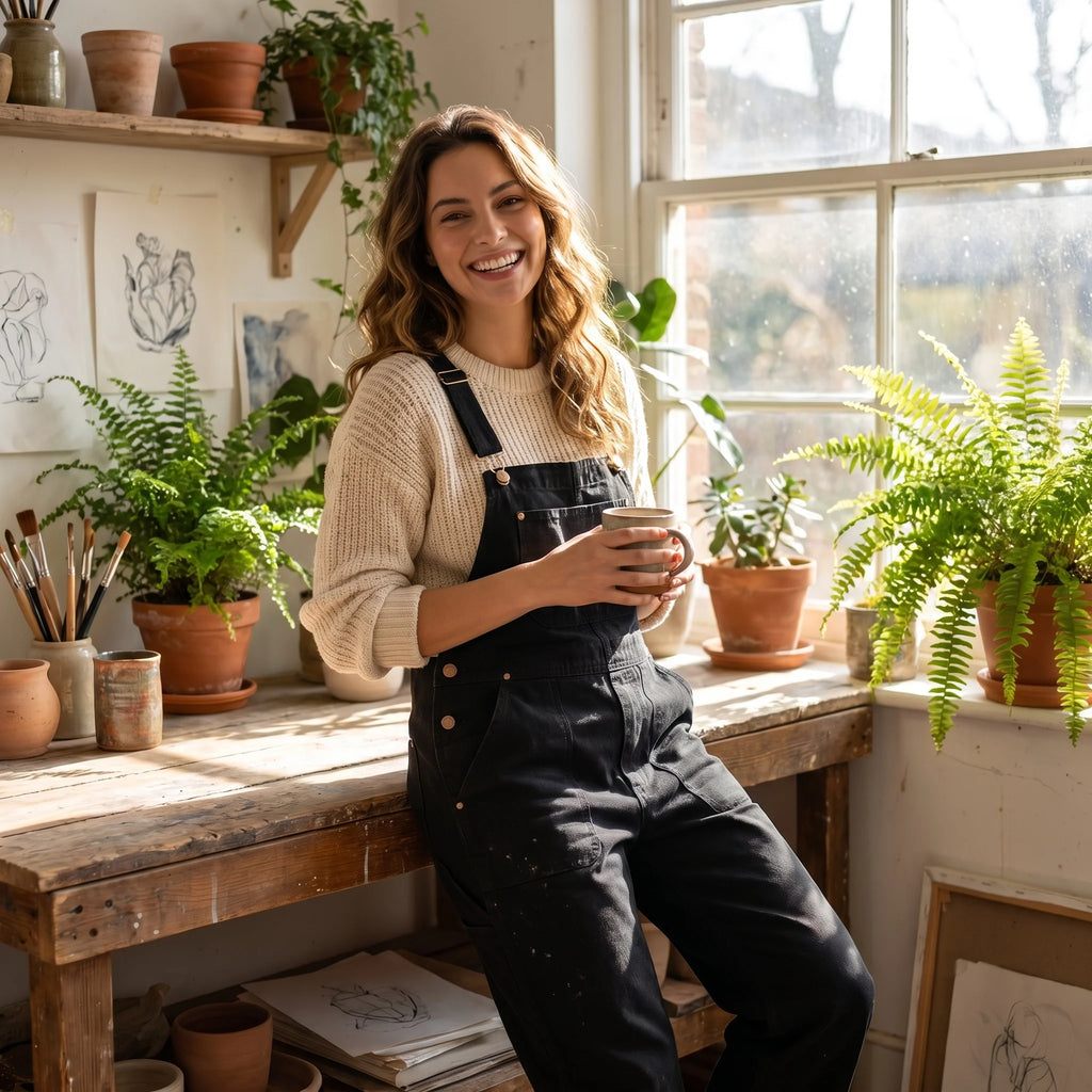 Fiora | Women's Duck Bib Overalls Cotton Workwear Dungarees with Adjustable Suspenders Straight Leg-Jumpsuits & Overalls-Black-S-