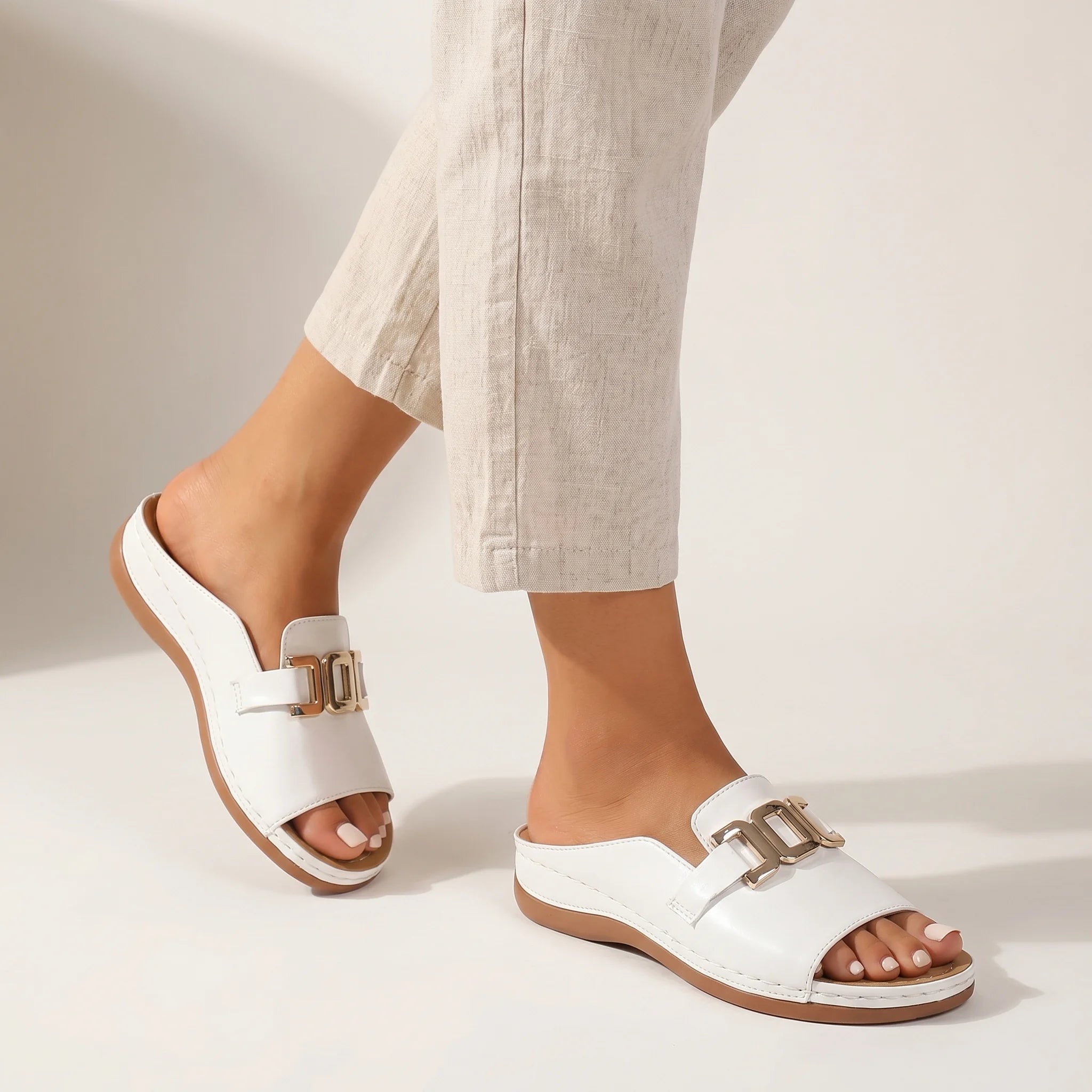 Lunessa | Slip On Sandals for Women - Wedge Open Toe Buckle Detail Comfort Fit-Women's Sandals-White-5-Camoufit