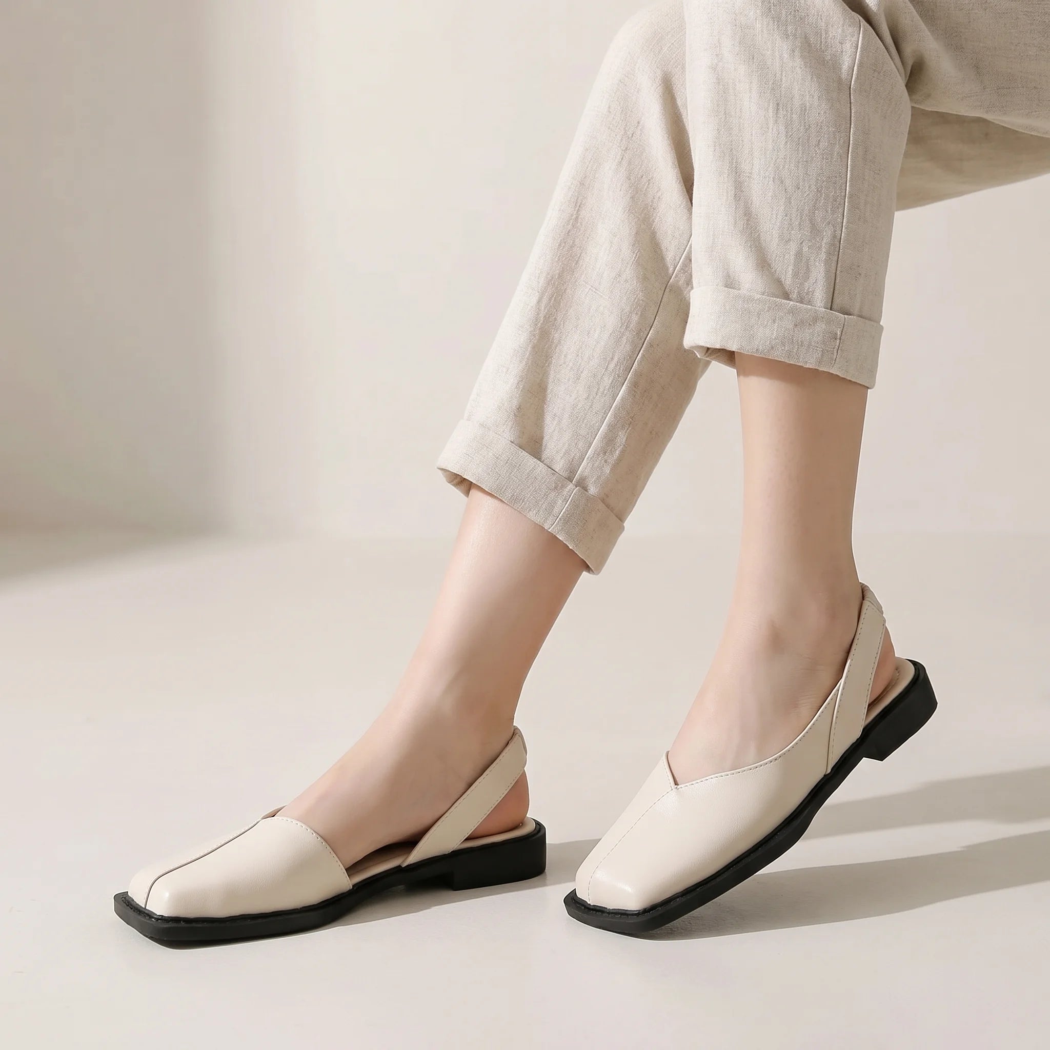 Lovelle | Slingback Flats for Women – Square Toe Cushioned Comfort Fit-Women's Flats-Beige-4-Camoufit