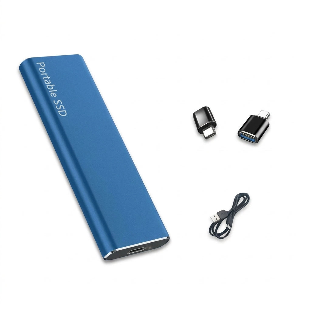 Blue portable external SSD with USB-C adapter and cable, slim aluminum body.