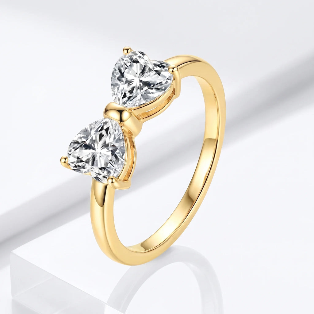 Alouette | Promise Ring for Women - Twin Heart Stone Gold Band Elegant Fit-Ring-Gold-5-Camoufit