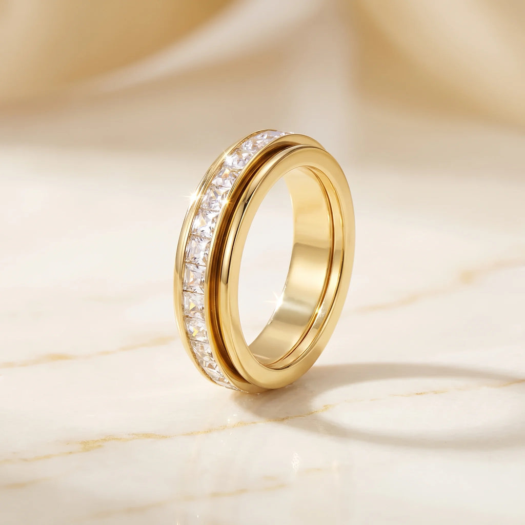 Fioré | Spinner Ring for Women - Silver Crystal Fidget Rotating Band Elegant Fit-Ring-Gold-5-Camoufit
